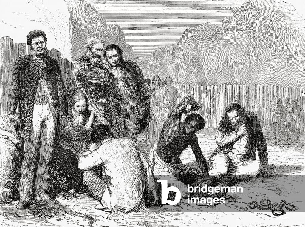 Rassam and members of his mission being put in chains after being taken prisoner by Tewodros II in Abyssinia in 1868.