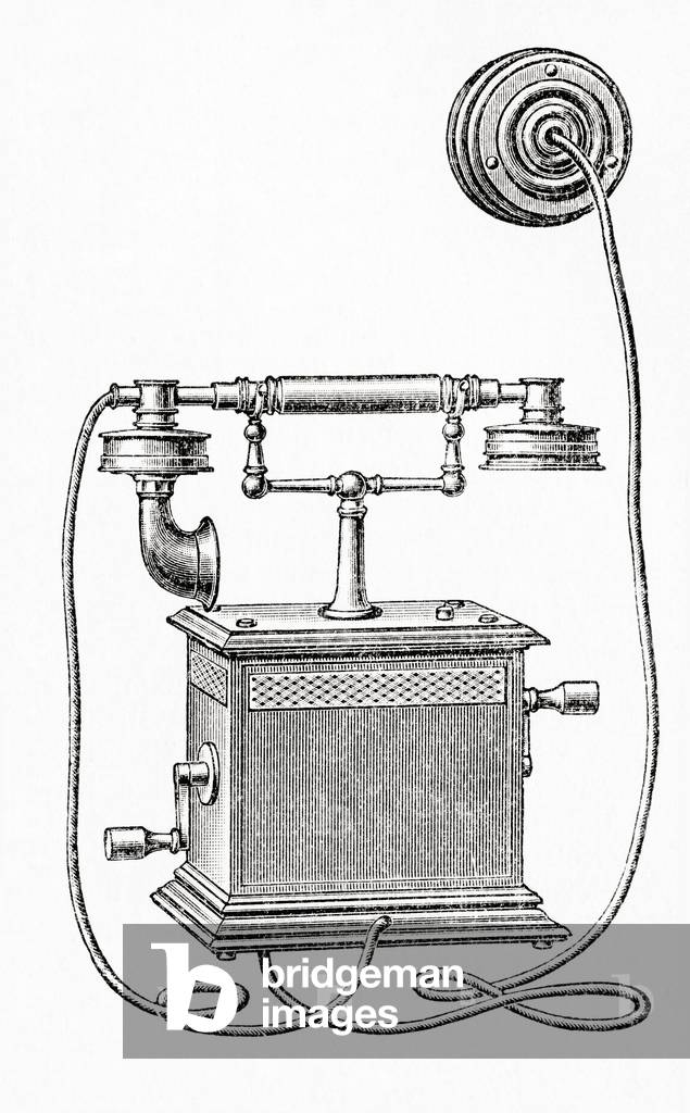An early 20th century free standing telephone, from Meyers Lexicon, pub. 1924