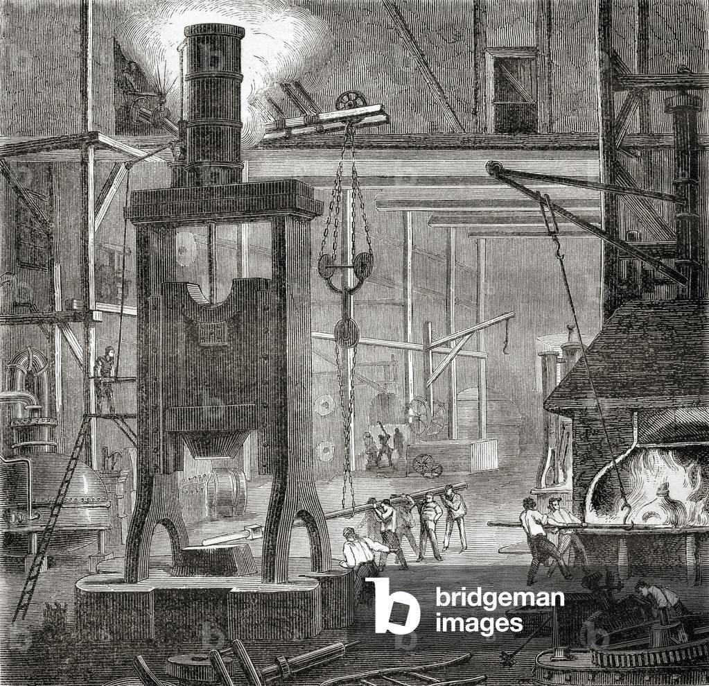 A 19th century steam hammer or drop hammer, from Les Merveilles de la Science, pub.1870.