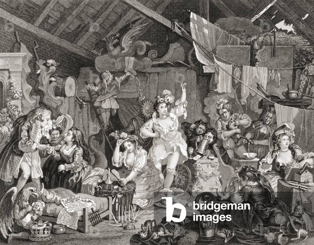 Strolling Players rehearsing in a Barn, engraved by G Presbury, from The Works of Hogarth published London 1833 (b/w engraving)