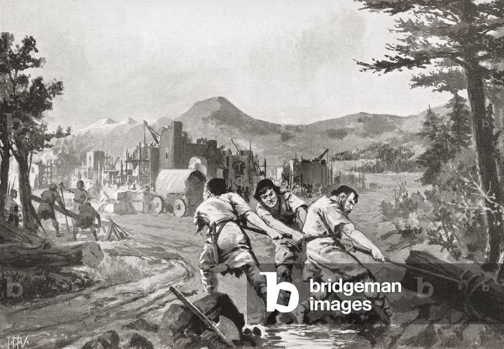 Wallachian hillmen founding a city in the 9th century, after the painting by J.H. Valda, d.1941, From Hutchinson's History of the Nations, pub. 1915