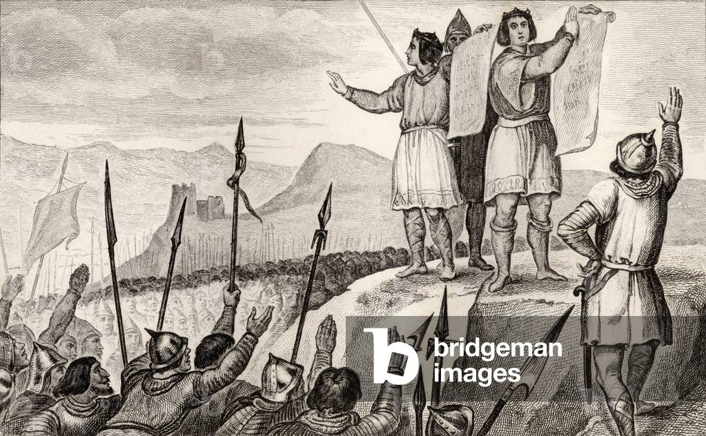 Charles II (823-77) the Bald and his brother Louis the German make treaty at Strasbourg in 842, from 'Histoire de France' by Colart, published c.1840 (engraving)