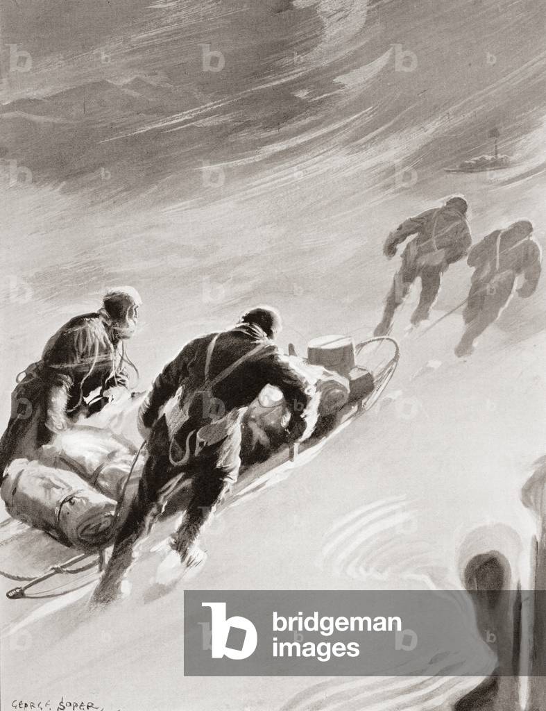A relay party in a blizzard during Sir Ernest Shackleton's British Antarctic Expedition 1907–09.  From The Wonderful Year 1909