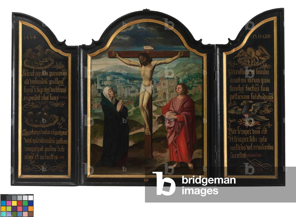 Triptych with Crucifixion and Texts (oil on panel) 