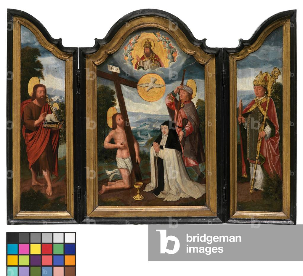 Triptych with the Holy Trinity, a Hospital Sister and Patron Saint (oil on panel) 