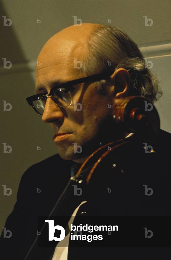 Mistislav (Mstislav) Rostropovich with cello. Russian cellist, pianist and conductor, b. 27 March 1927 -