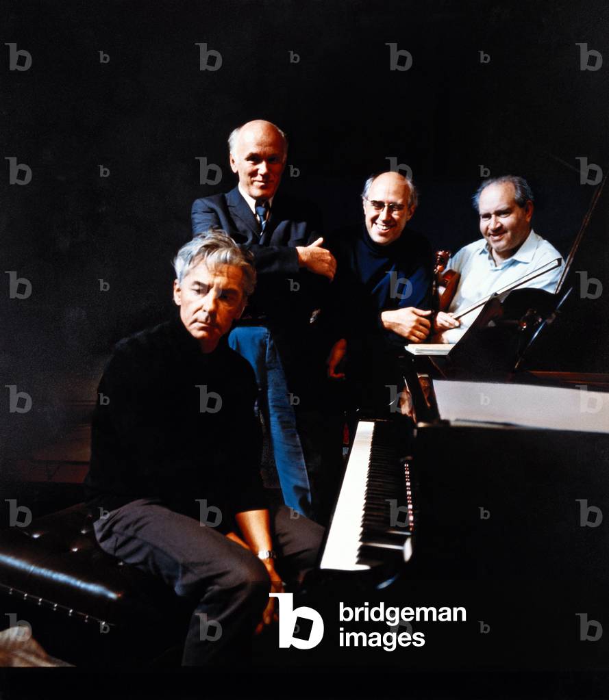 Mistislav (Mstislav) Rostropovich - portrait (second from left) with (l to r) Herbert von Karajan, Igor Oistrakh and Sviatoslav T. Richter - Russian cellist, pianist and conductor b. 27 March 1927