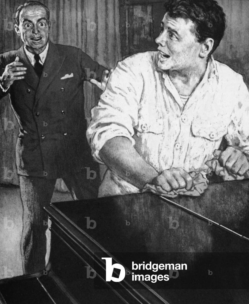 The 18-year old furniture remover, Alfred Cocozza - the future Mario Lanza - being discovered by Serge Koussevitsky (litho)
