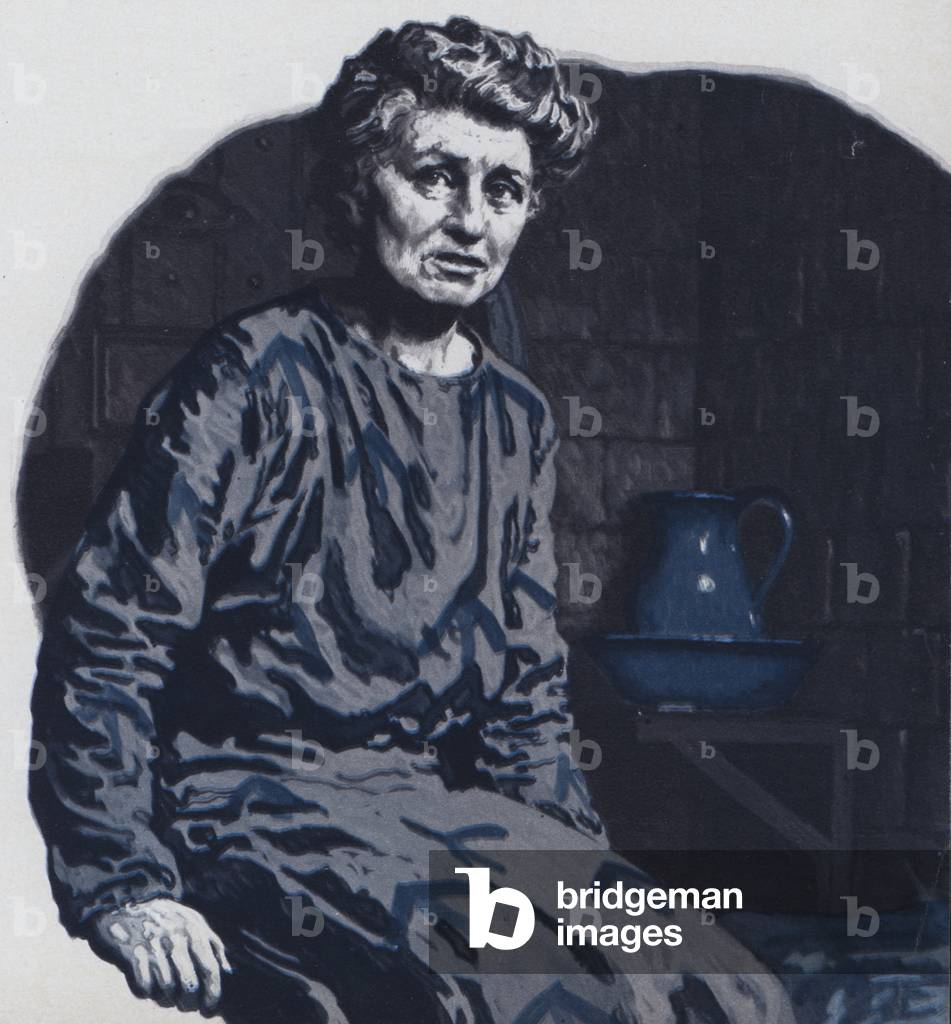 Emmeline Pankhurst in prison (colour litho)