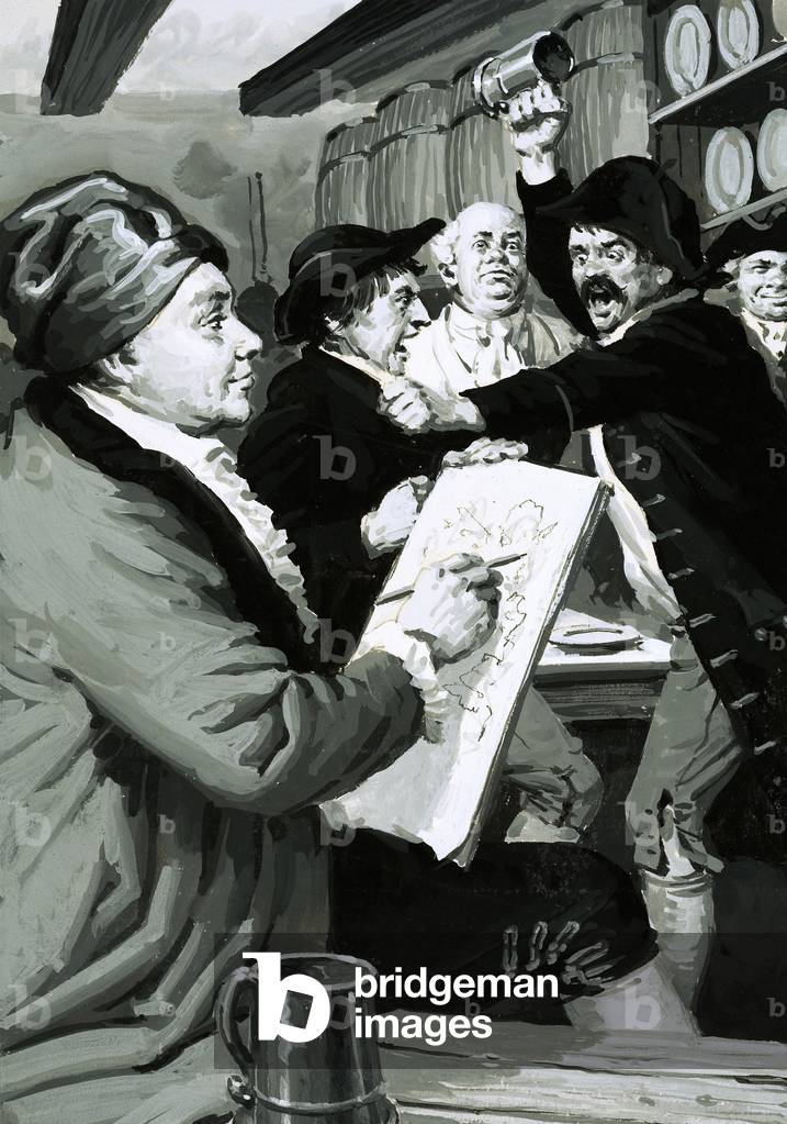 William Hogarth's very first satirical drawing was inspired by a tavern brawl (gouache on paper)