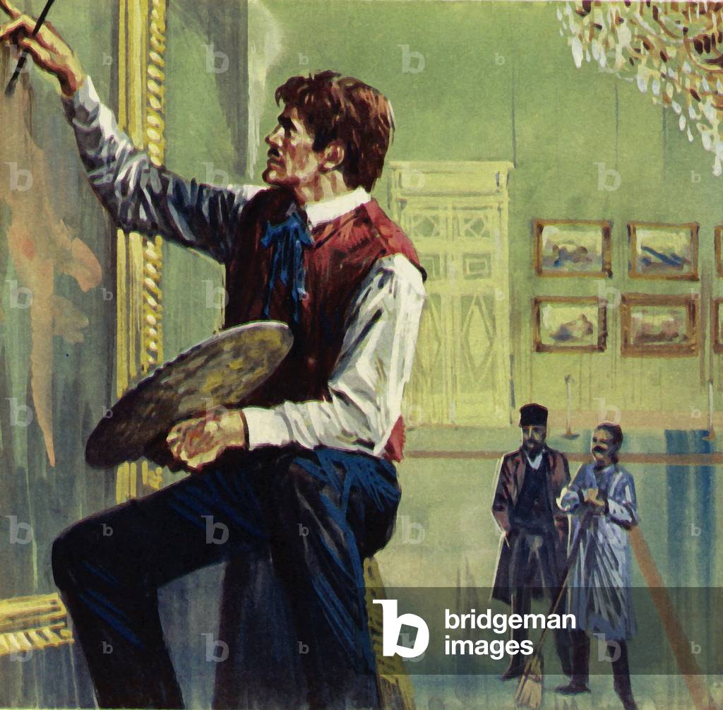 Delacroix working on his canvas at the Paris Salon (colour litho)
