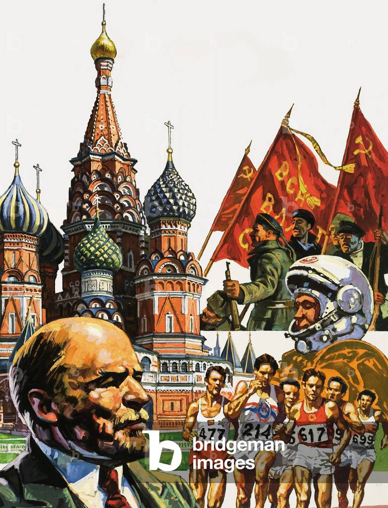 Montage of Russia including the Cathedral of St Basil the Beatified and portrait of Lenin