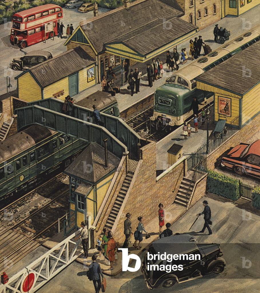 Railway station, England, 1960s (colour litho)