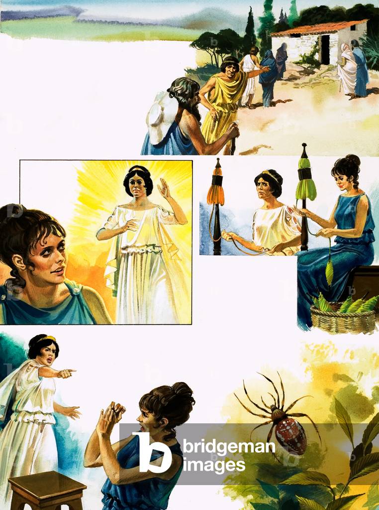 Arachne and Athene (gouache on paper)