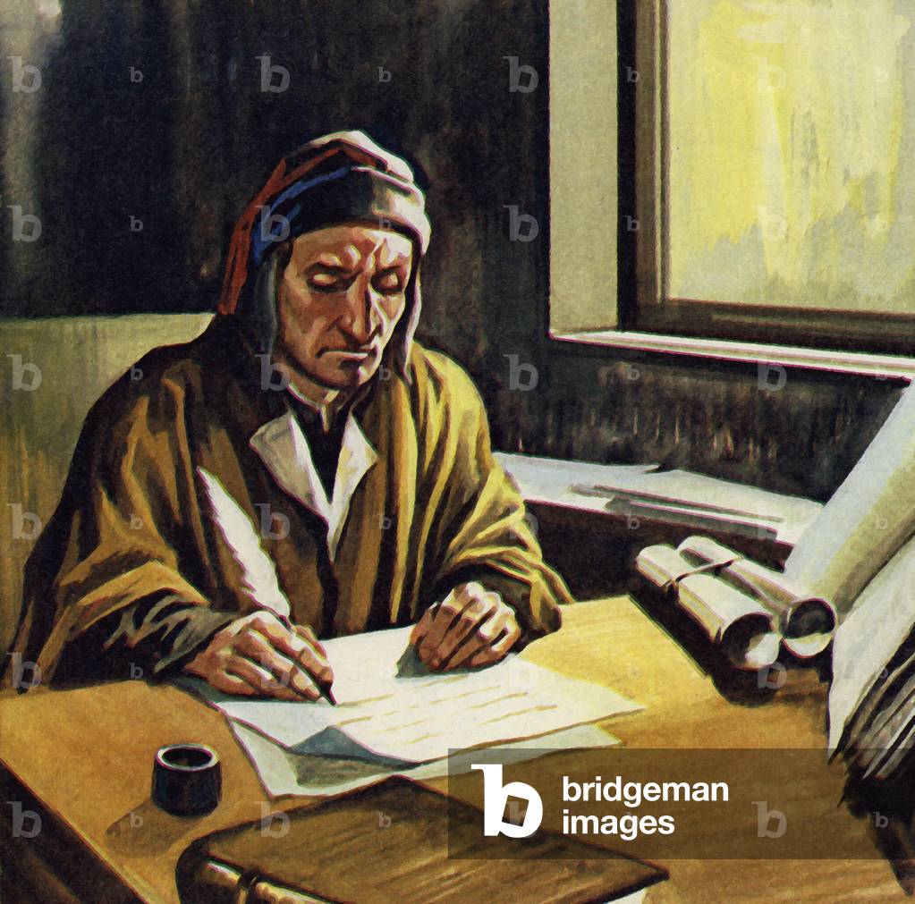 Dante spent most of his time writing The Divine Comedy (colour litho)