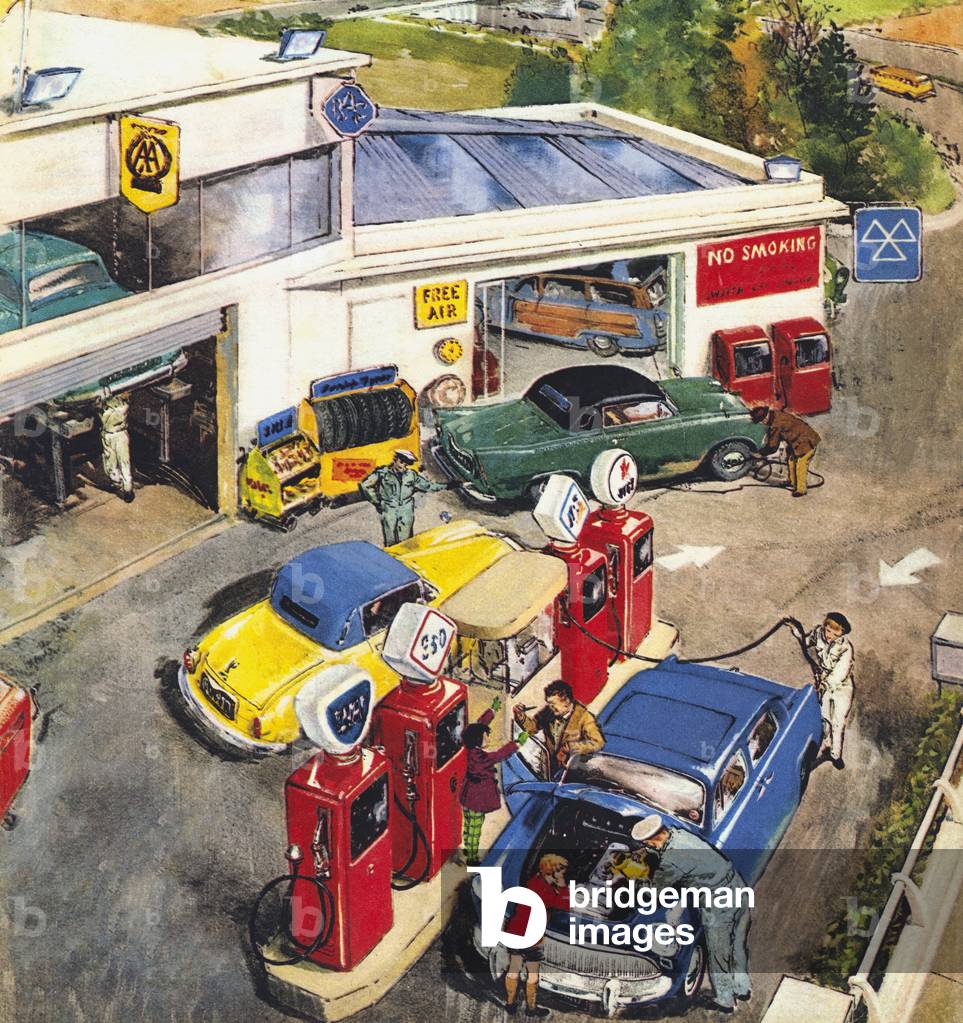Garage, England, 1960s (colour litho)