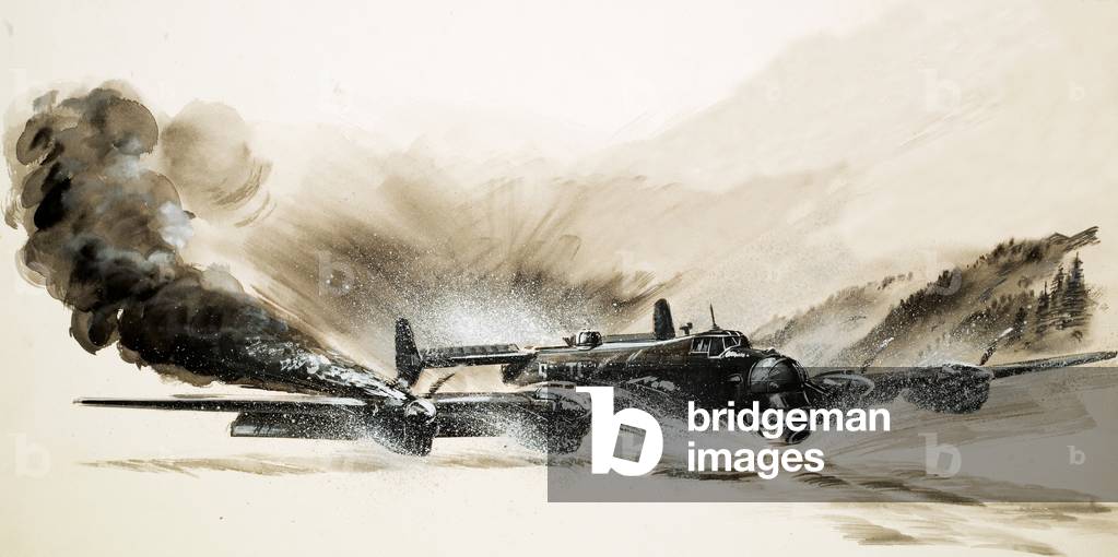 A crippled Halifax bomber lands on the ice (gouache on paper)