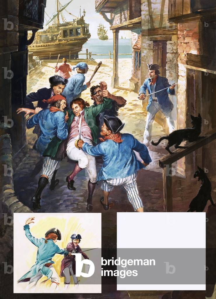 Roderick Random being pressganged and carried towards a ship
