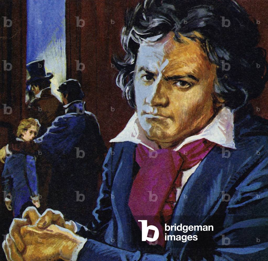 Beethoven was impressed when Liszt, aged 11, played for him (colour litho)
