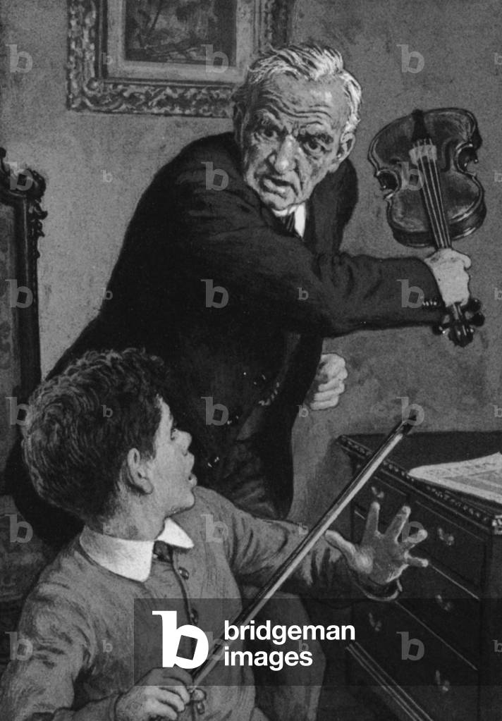 The young Sir John Barbirolli, about to have a violin broken over his head by his grandfather (litho)