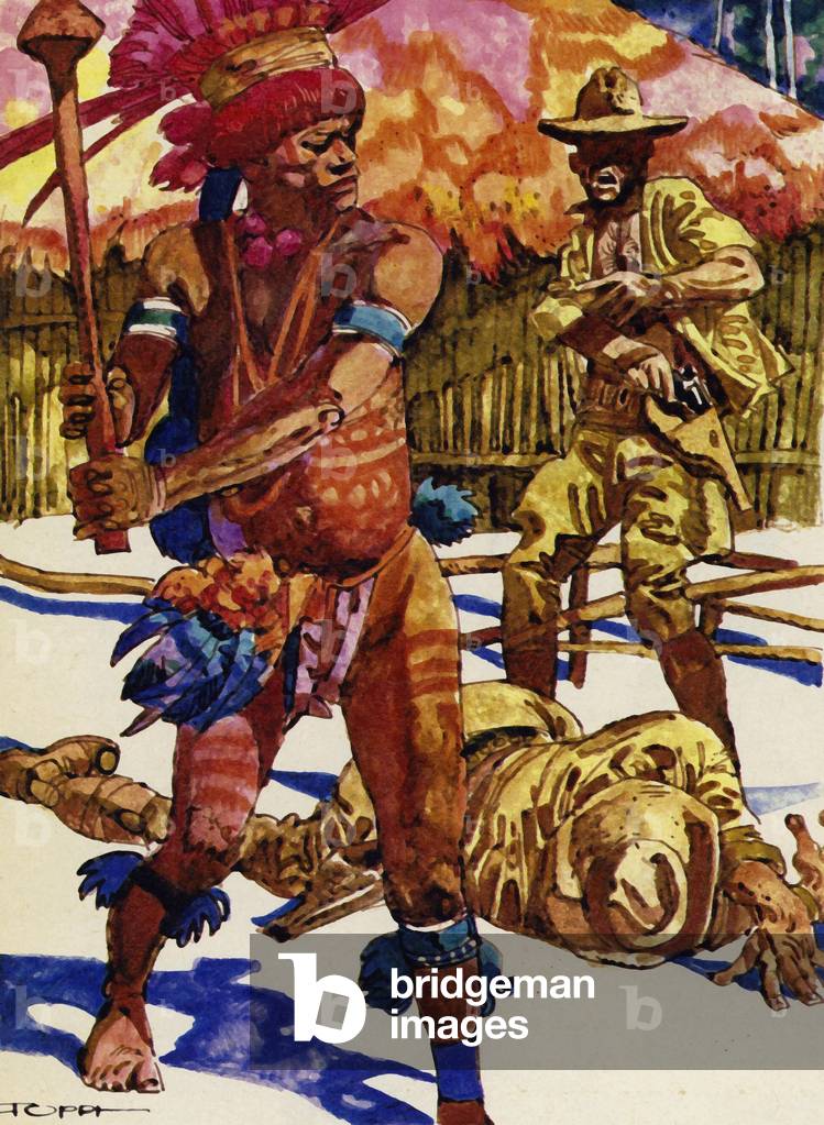 Over 100 explorers died trying to penetrate the jungle around the Amazon (colour litho)
