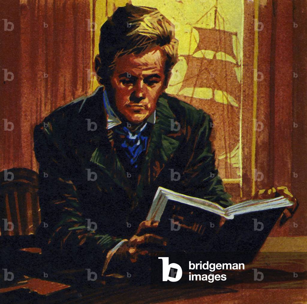 In England, Conrad began learning English by reading Shakespeare (colour litho)