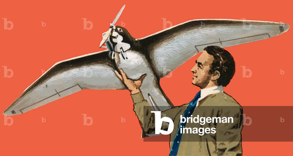 Unidentified man with bird-shaped plane with propeller