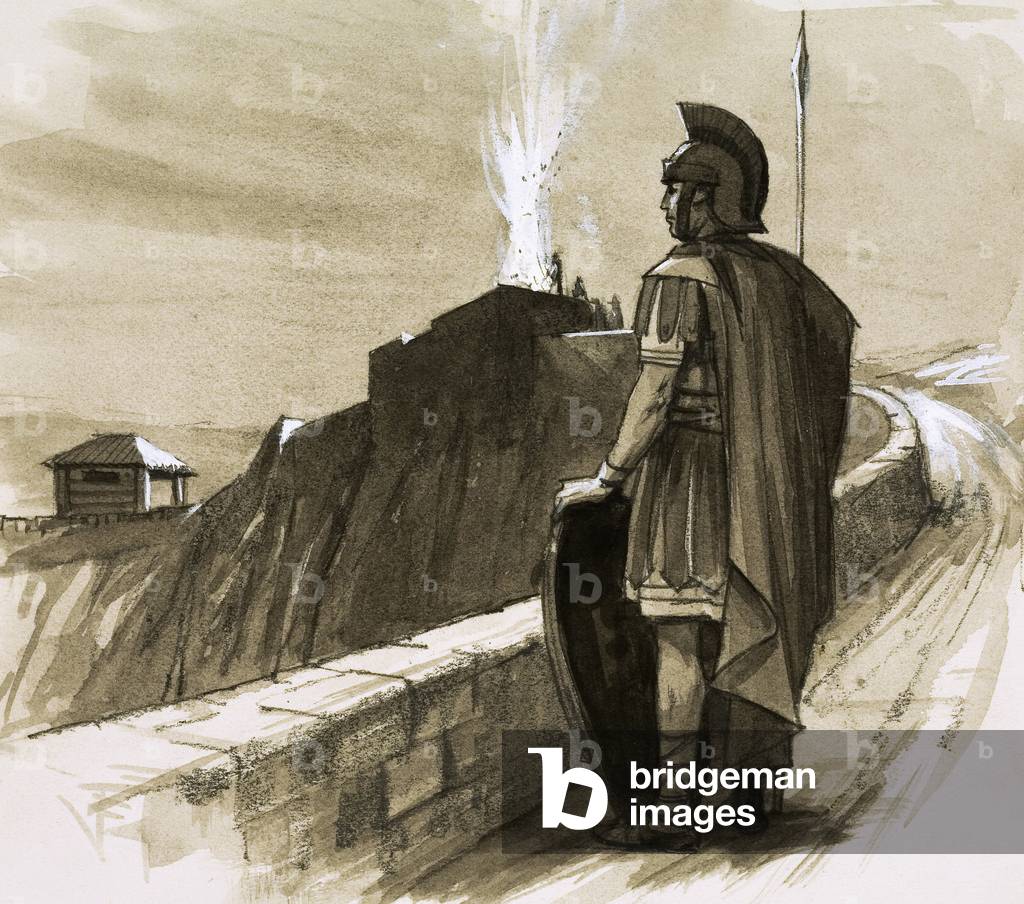 Roman soldier guarding a border wall (gouache on paper)