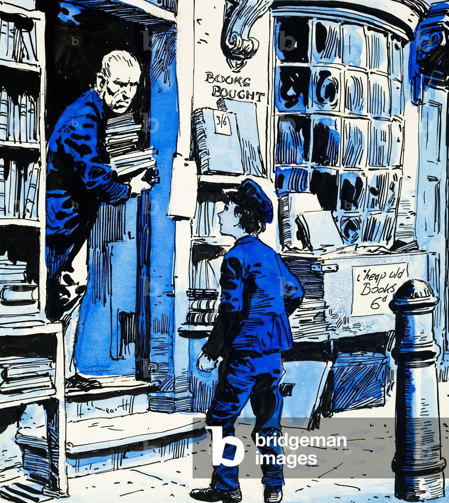 Oliver Twist at the bookshop (gouache on paper)