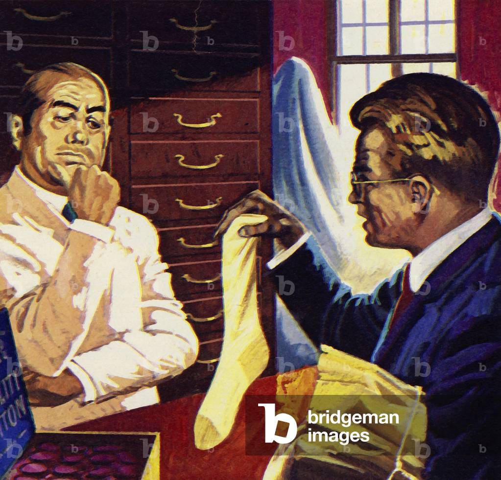 John Logie Baird invented a cotton undersock for keeping feet dry (colour litho)