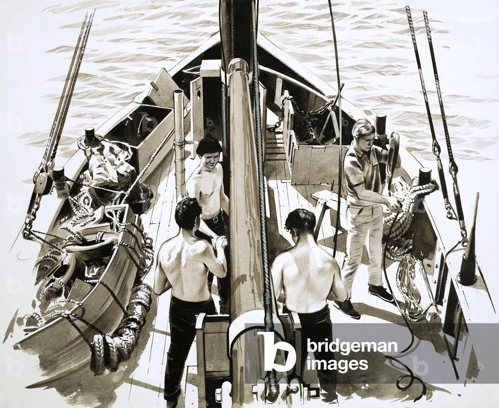 Men aboard sailing ship
