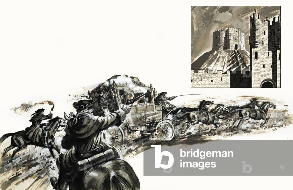 Image of Painting depicting Highwaymen give chase to a coach, 20th century by English Artist, b/w