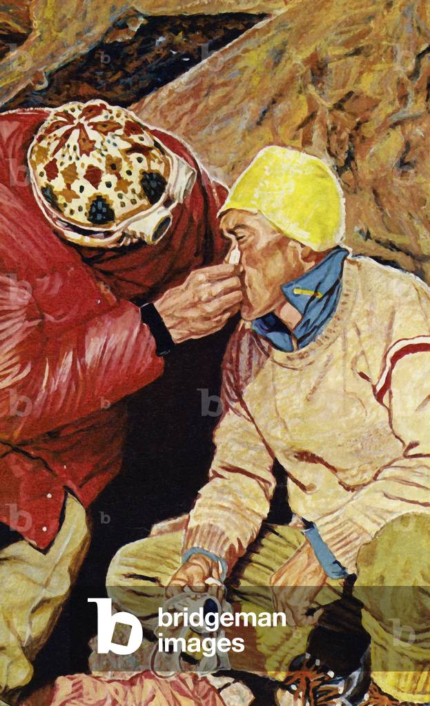 Hunt's expedition included Edmund Hillary and Sherpa Tenzing (colour litho)