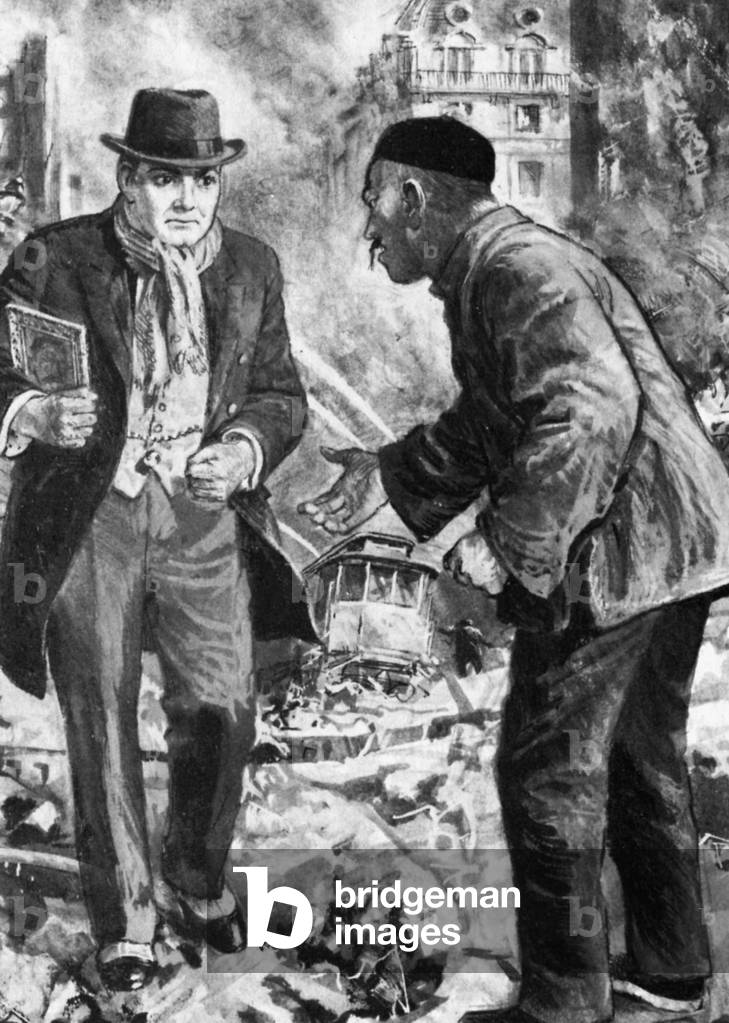 Enrico Caruso, picking his way through the rubble of earthquake-stricken San Francisco (litho)