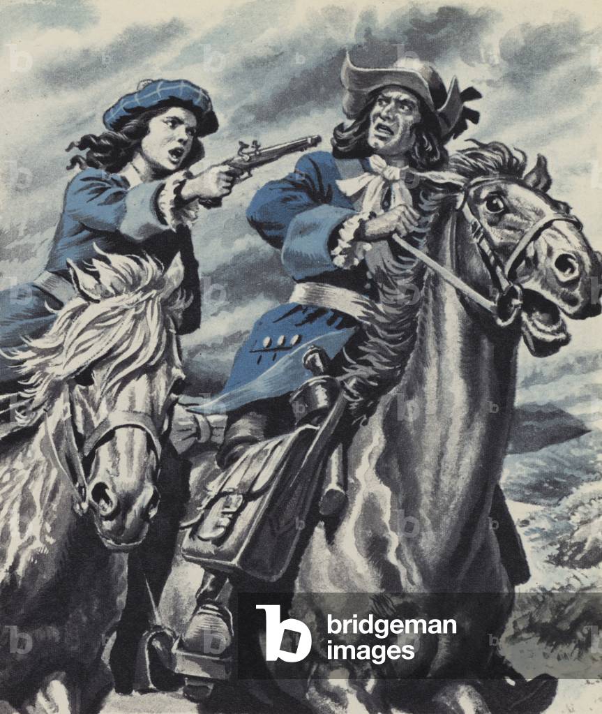 Grizel Cochrane, holding up the postman to save her father's life (colour litho)