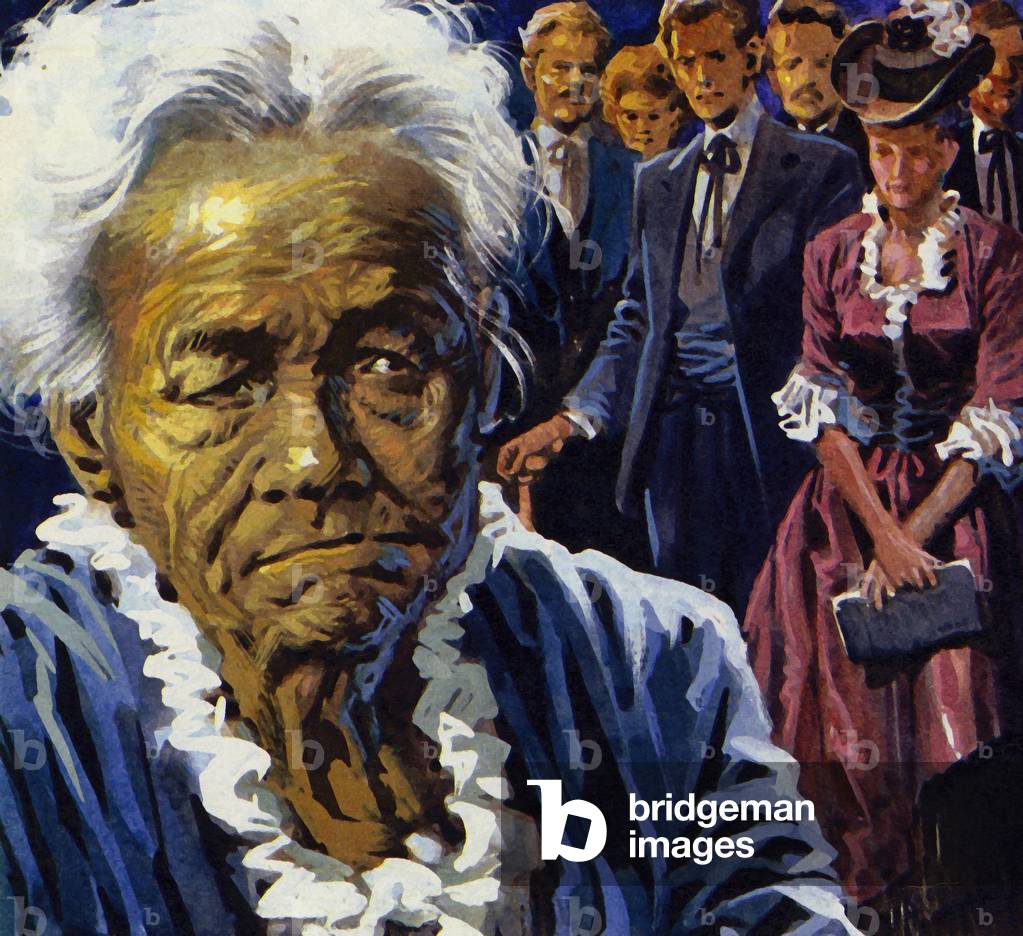 Barnum heard of Joyce Heth, put her on show and made a fortune (colour litho)