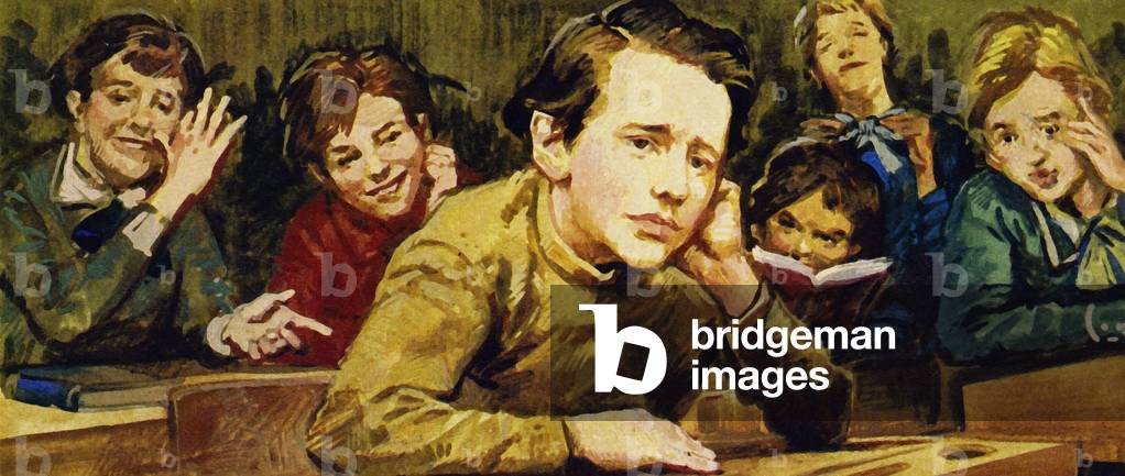 His fellow pupils made Tschaikovsky's life a misery, laughing at his simple, homespun clothes (colour litho)