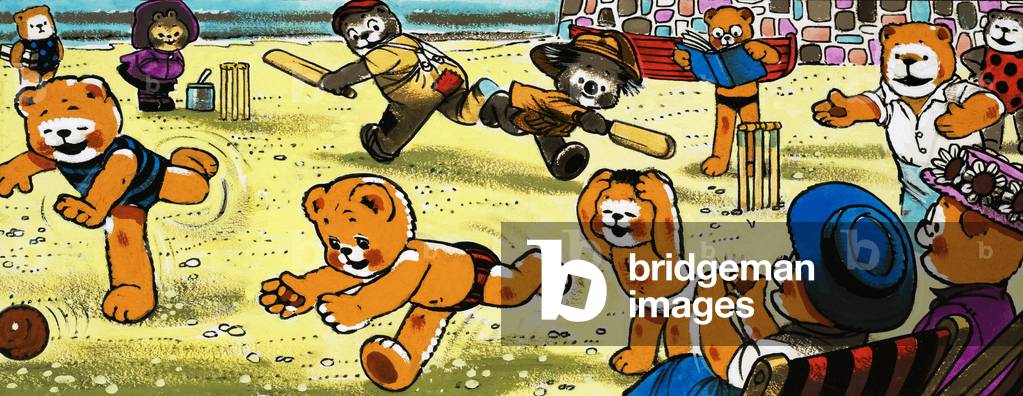 Teddy bears playing cricket on the beach