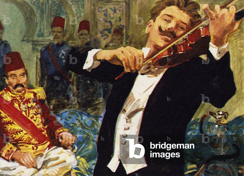 Kreisler went on holiday to Constantinople and was asked to play before the Sultan Abd-el-Hamid II (colour litho)