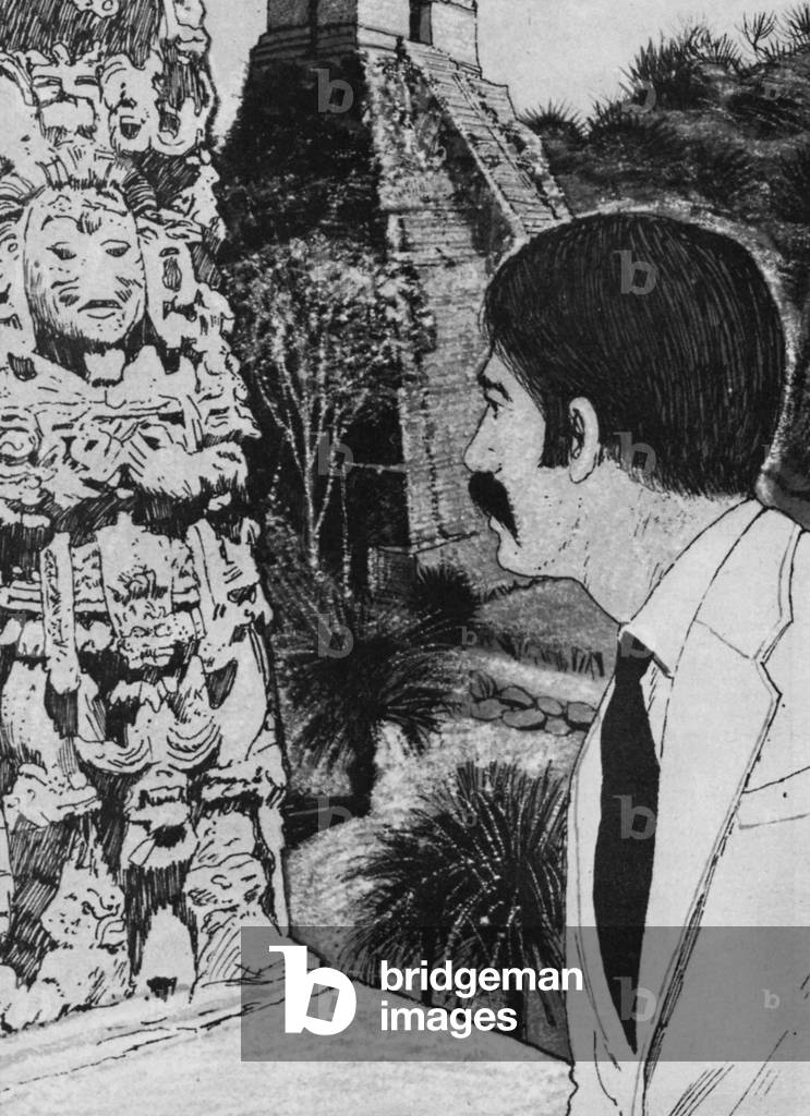 Strange carvings and inscriptions on the Mayan pyramid puzzled Alberto Ruz (litho)