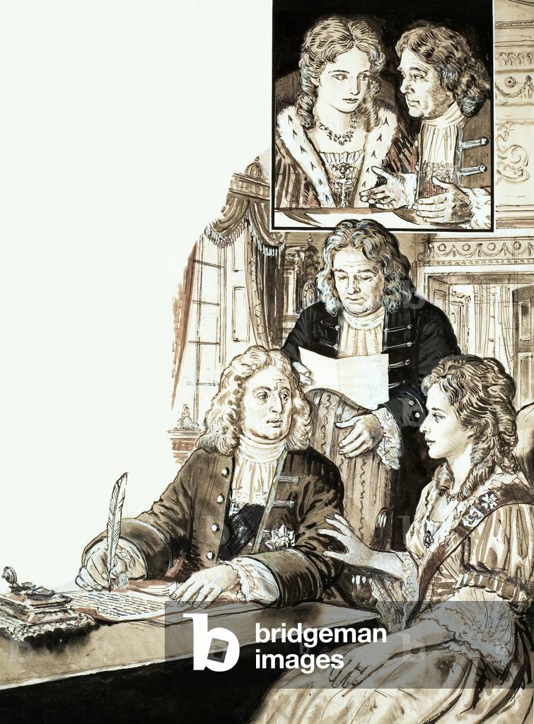 Sir Robert Walpole and King George II (gouache on paper)