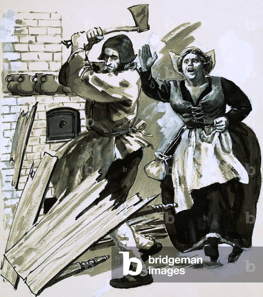 Bernard Palissy kept his furnaces going by chopping up his furniture and floorboards (gouache on paper)