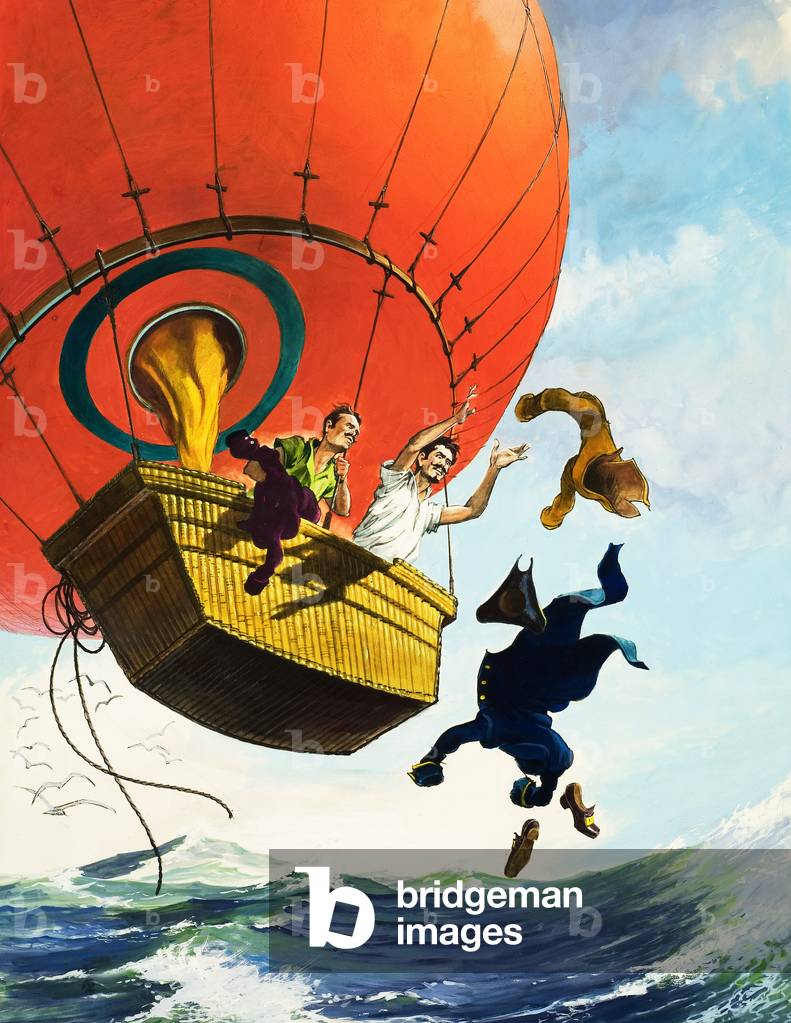 alleggerimento del carico gettando i vestiti fuori di una mongolfiera (gouache su carta)