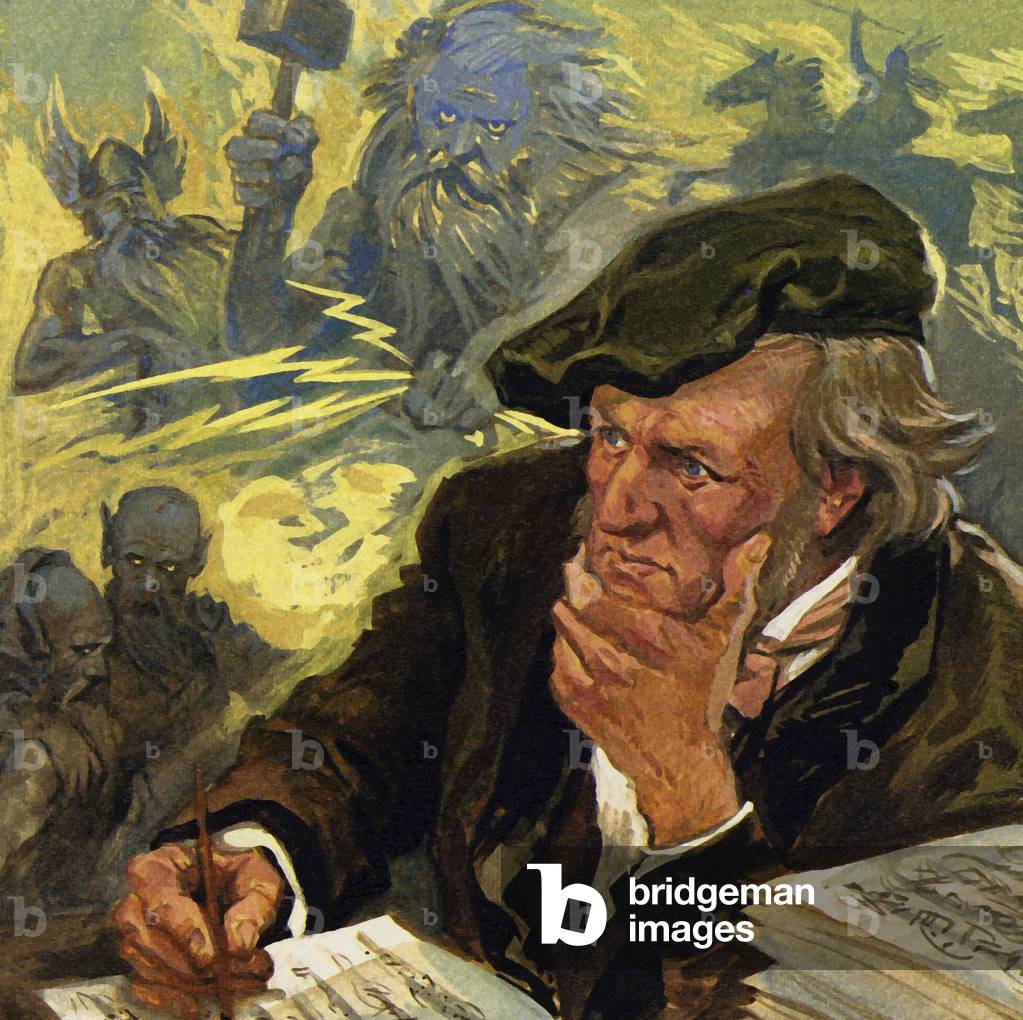 Wagner began making revolutionary speeches and had to flee to Weimar (colour litho)