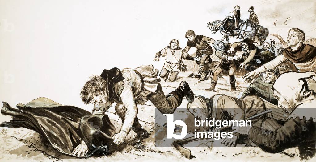 Men of Haxey chasing the silken hood of Lady de Mowbray (gouache on paper)