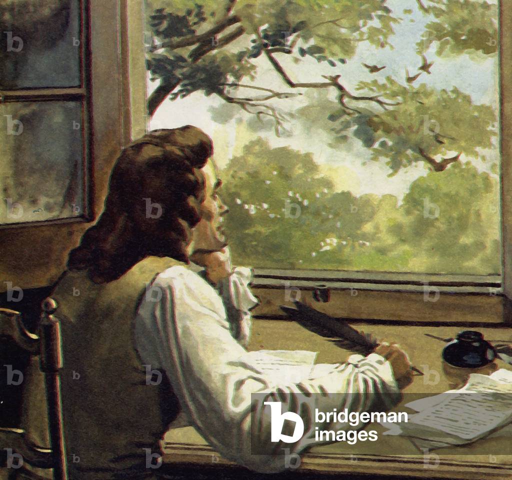 Voltaire was banished by his father to the country where he spent his time reading and writing (colour litho)