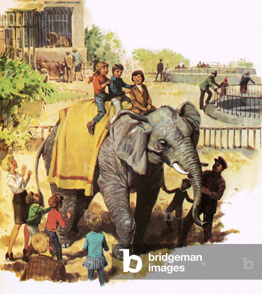 Children riding Jumbo at the London Zoo