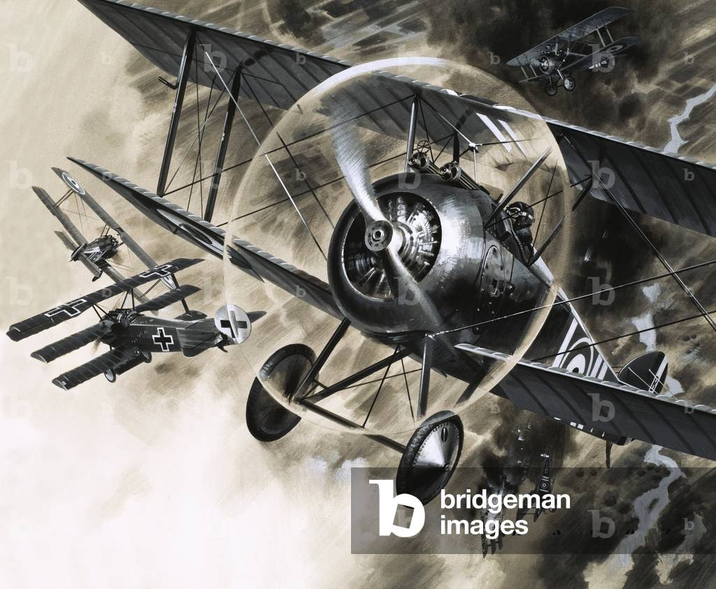 Bild von Gemälde "Unidentifizierter Hundekampf zwischen britischen Doppelflugzeugen und einem deutschen Tripla
