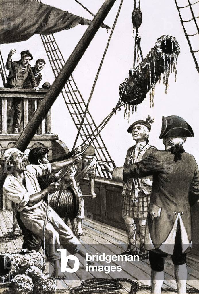 The treasure ship Duque di Florenciea has yielded no more than a few cannon, coins and copper pots (gouache on paper)