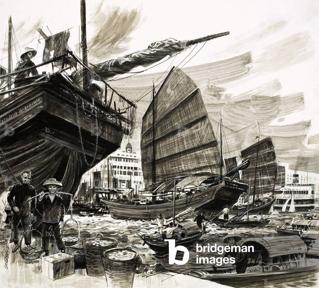 Unidentified scene of Chinese boats in harbour